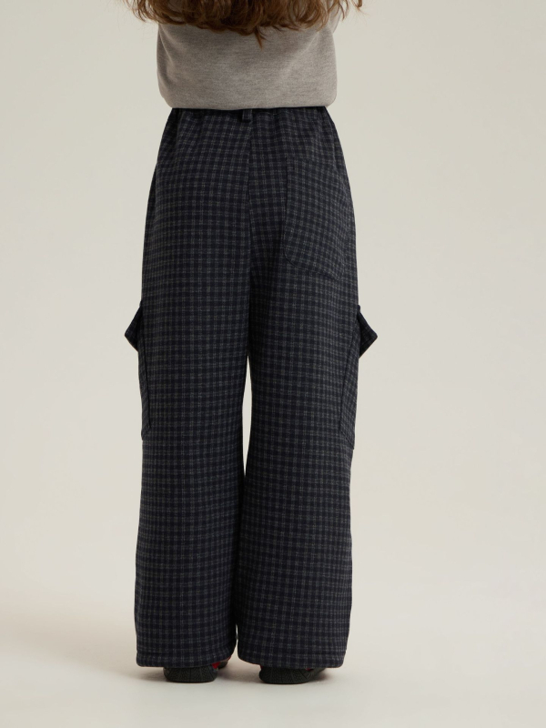 Pantaloni cargo pentru copii, stil coreean, cu fleece, model pătrate în carouri, talie medie, unisex, iarnă