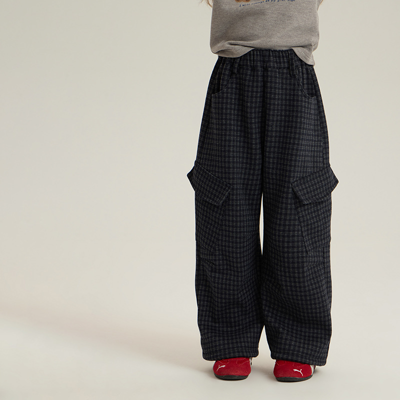 Pantaloni cargo pentru copii, stil coreean, cu fleece, model pătrate în carouri, talie medie, unisex, iarnă