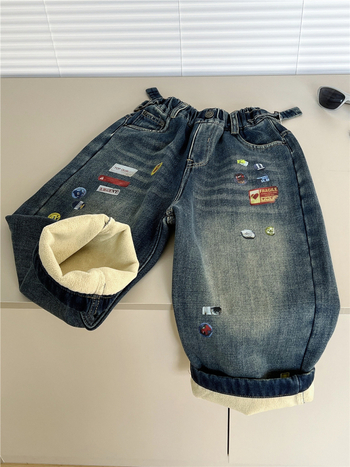 Dječje traperice s mekanom fleece podstavom, denim u korejskom stilu, srednji pas s elastičnim pojasom, debeli zimski traperice za djecu 3–8 godina