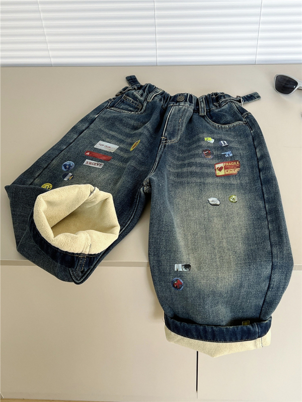 Dječje traperice s mekanom fleece podstavom, denim u korejskom stilu, srednji pas s elastičnim pojasom, debeli zimski traperice za djecu 3–8 godina