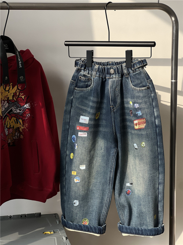 Dječje traperice s mekanom fleece podstavom, denim u korejskom stilu, srednji pas s elastičnim pojasom, debeli zimski traperice za djecu 3–8 godina