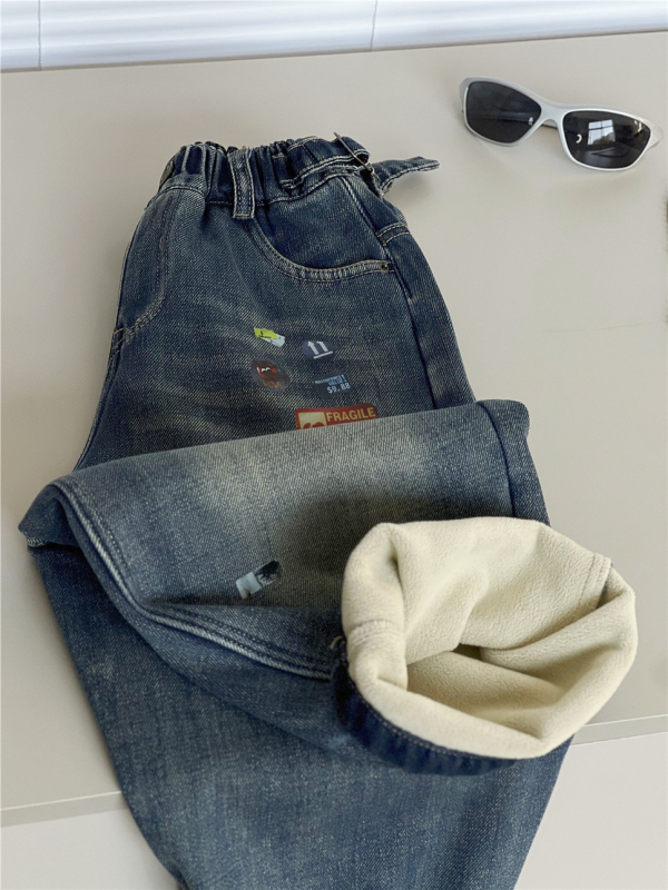 Dječje traperice s mekanom fleece podstavom, denim u korejskom stilu, srednji pas s elastičnim pojasom, debeli zimski traperice za djecu 3–8 godina