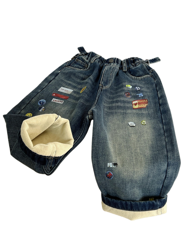 Dječje traperice s mekanom fleece podstavom, denim u korejskom stilu, srednji pas s elastičnim pojasom, debeli zimski traperice za djecu 3–8 godina