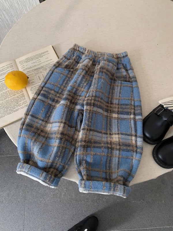 Korejski casual dječje hlače s fleece podstavom, vuneni materijal, 100% poliester, mrežasti uzorak