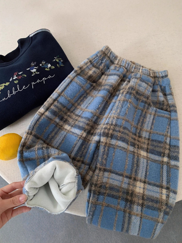Korejski casual dječje hlače s fleece podstavom, vuneni materijal, 100% poliester, mrežasti uzorak