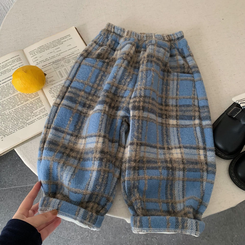 Korejski casual dječje hlače s fleece podstavom, vuneni materijal, 100% poliester, mrežasti uzorak