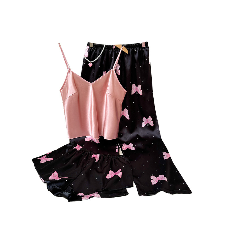 Dvodelni set pidžama s trakama, bez rukava, V-izrez, točkasti uzorak, mašna u obliku leptira, lagani poliester