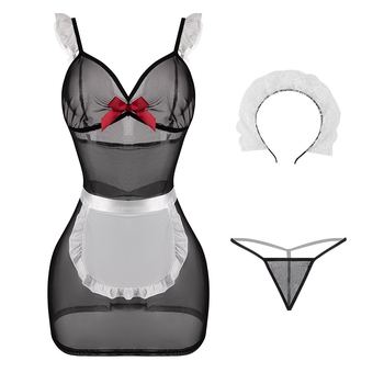 Seksi žensko donje rublje u stilu sobarice, prozirne naramenice, mašna, duboki V, 80–90% poliester