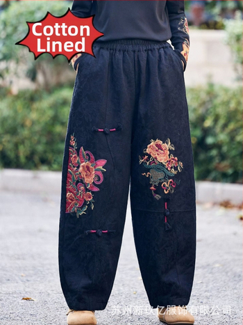 Moteriškos medvilninės harem kelnės, etninis stilius, elastinga juosta, laisvas kirpimas, žiemos 2025