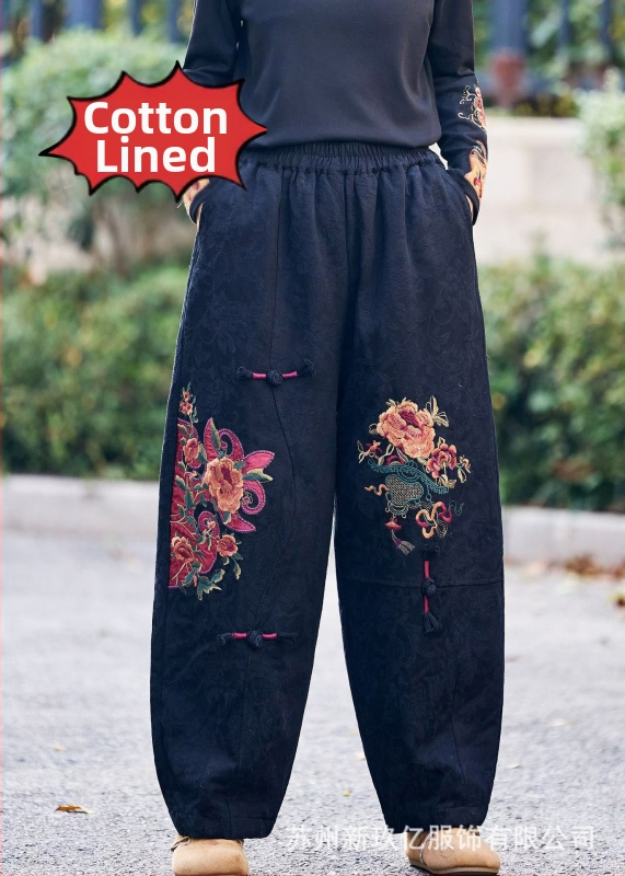 Moteriškos medvilninės harem kelnės, etninis stilius, elastinga juosta, laisvas kirpimas, žiemos 2025
