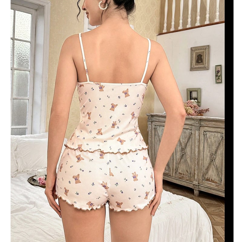 Ženski set pidžama u camisole stilu s čipkom, motivom medvjedića karikatura, bez rukava, kratke hlače, poliester, tanak materijal, pogodan za sve sezone.