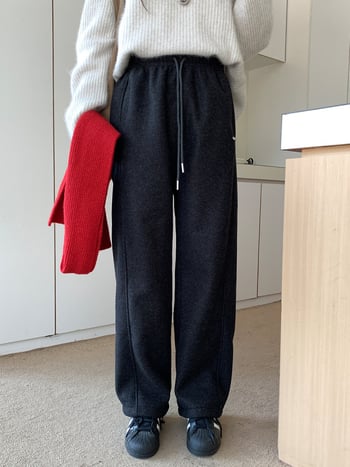 Ženske trenirke s flis podstavom, zimska kolekcija 2025, korejski stil casual, visok pojas, ravni kroj