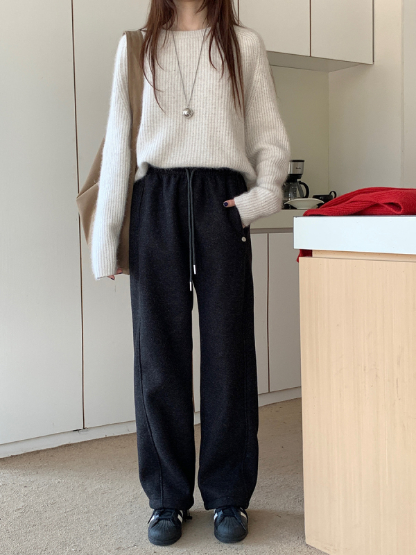 Ženske trenirke s flis podstavom, zimska kolekcija 2025, korejski stil casual, visok pojas, ravni kroj