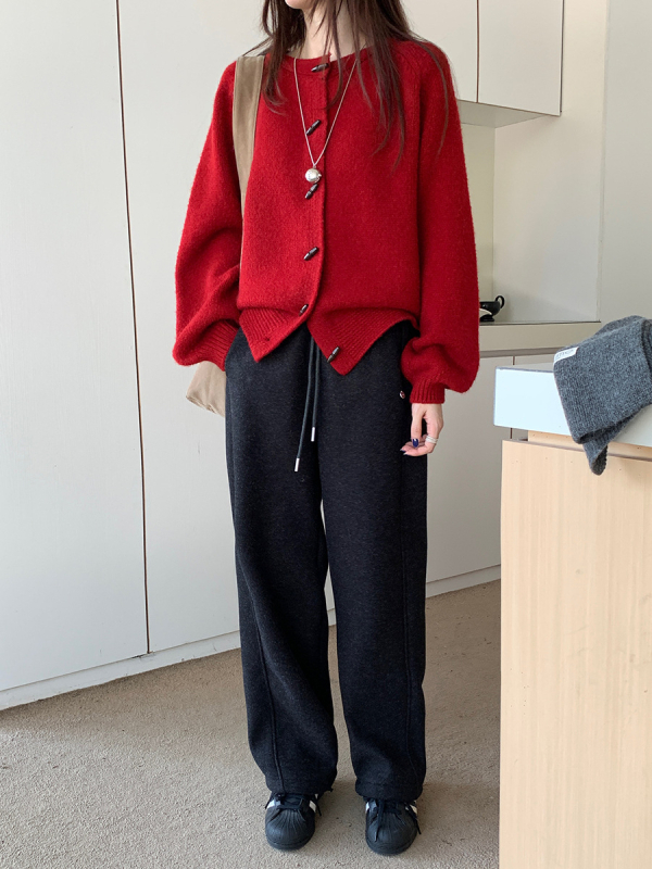 Ženske trenirke s flis podstavom, zimska kolekcija 2025, korejski stil casual, visok pojas, ravni kroj