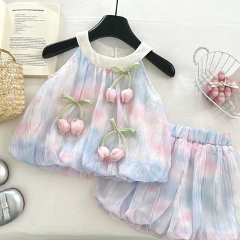 Dievčenský dvojdielny set: šortky Tulip a top s ramienkami, kórejský štýl, leto 2025, ľahká tkanina z regenerovanej celulózovej vlákniny