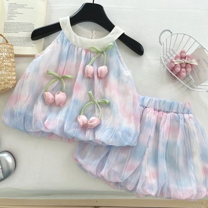 Dievčenský dvojdielny set: šortky Tulip a top s ramienkami, kórejský štýl, leto 2025, ľahká tkanina z regenerovanej celulózovej vlákniny