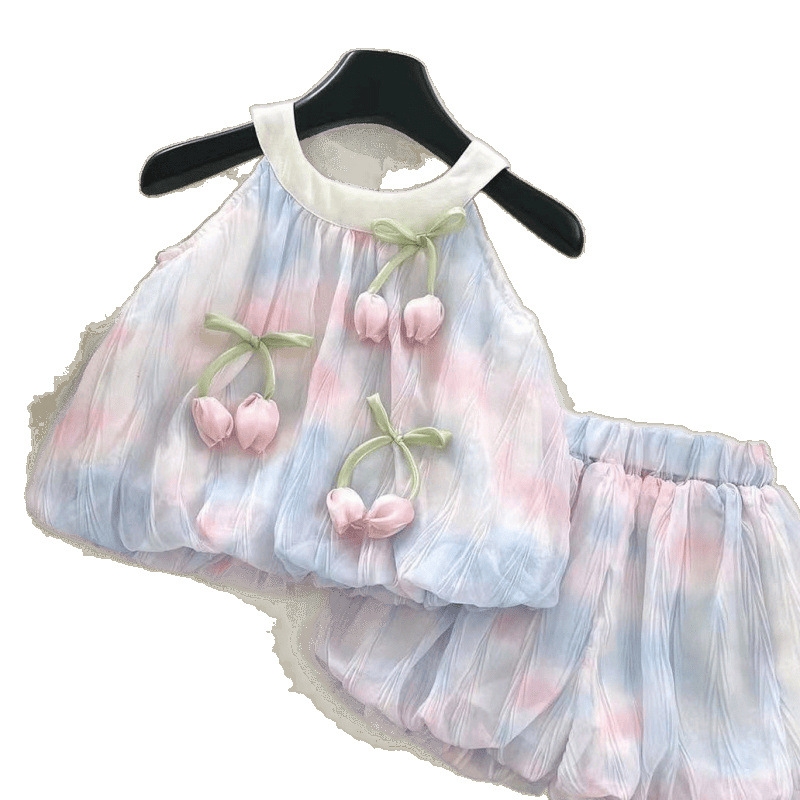 Dievčenský dvojdielny set: šortky Tulip a top s ramienkami, kórejský štýl, leto 2025, ľahká tkanina z regenerovanej celulózovej vlákniny