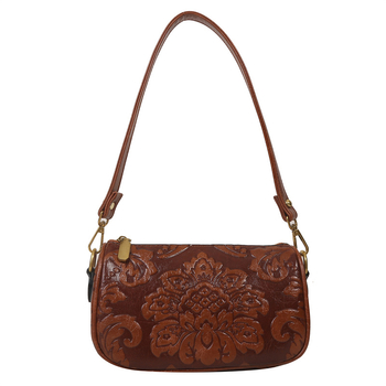 PU ženska torbica za pazuh crossbody, trodimenzionalni reljefni dizajn, etnički stil, horizontalni kvadratni oblik, zatvaranje munje, poliester podstava, unutarnji džep sa zipom i ID džep, dvostruki remeni