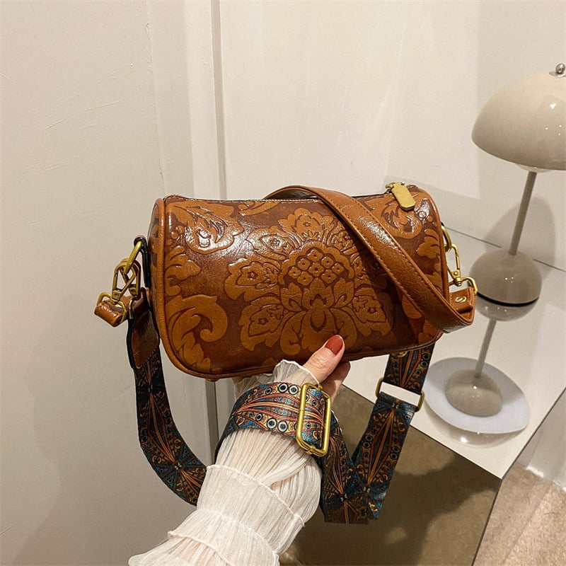 PU ženska torbica za pazuh crossbody, trodimenzionalni reljefni dizajn, etnički stil, horizontalni kvadratni oblik, zatvaranje munje, poliester podstava, unutarnji džep sa zipom i ID džep, dvostruki remeni