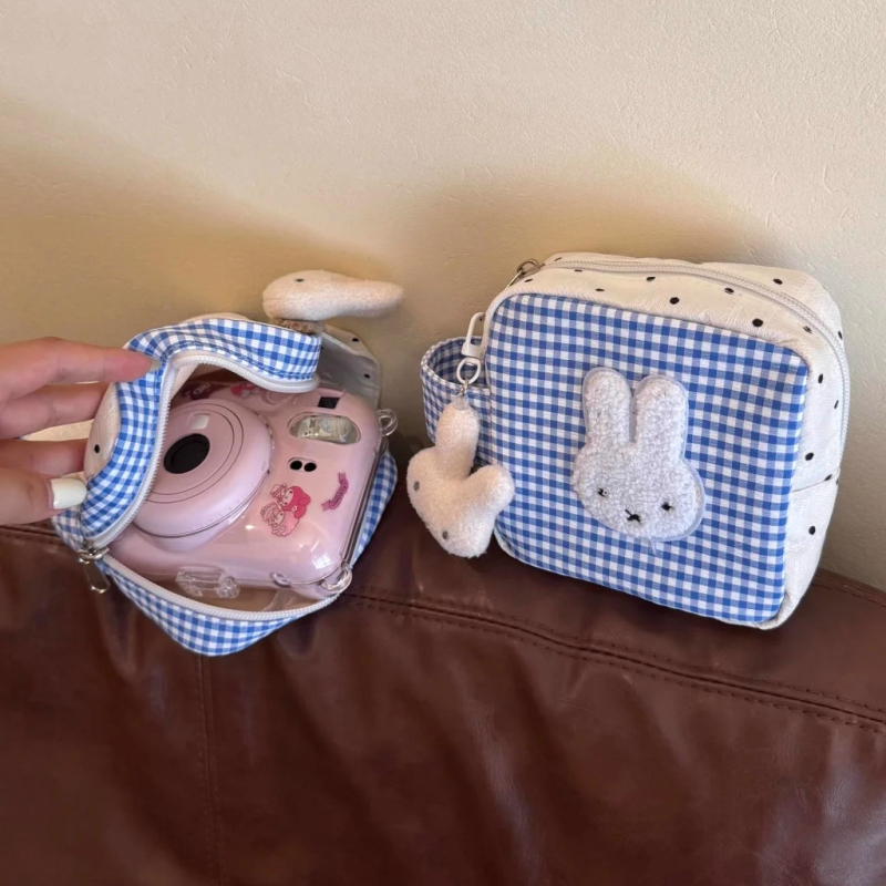 Kocková taška z plátna na kozmetiku a uloženie Polaroid fotoaparátu, s vreckom na slúchadlá a držiakom kariet — skladacia, japonský štýl