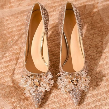 Сватбени високи токчета, остър нос, PU горна част, тънък ток, гумена подметка, височина на тока над 8 см