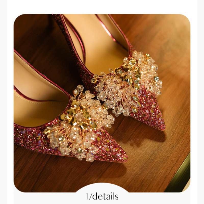 Сватбени високи токчета, остър нос, PU горна част, тънък ток, гумена подметка, височина на тока над 8 см