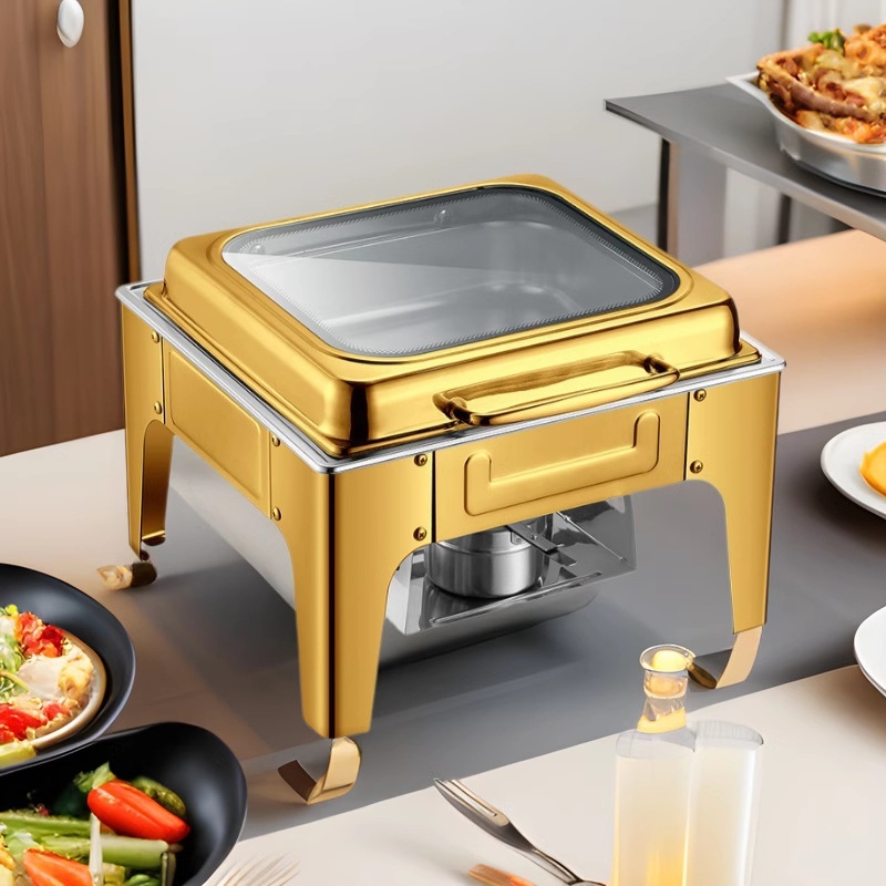 Buffet aprīkojums ar hidraulisko vāku no 201 nerūsējošā tērauda un lielu stikla vāku, brokastīm un viesnīcas bufetei, izolēts un uzkarsējams; zīmols One Square Steel