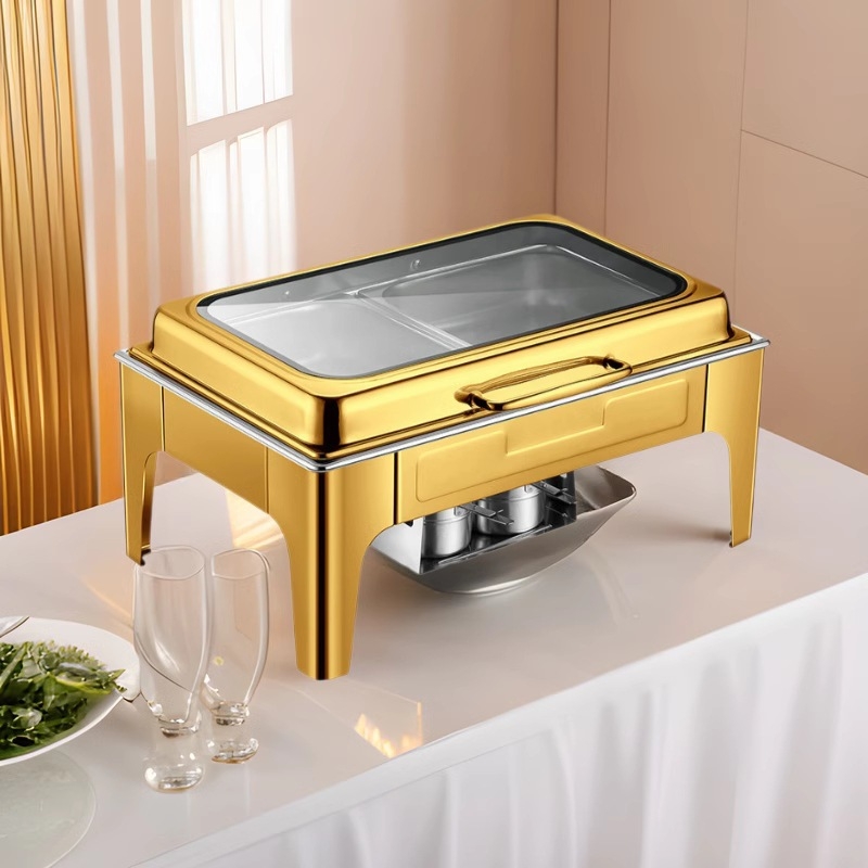 Buffet aprīkojums ar hidraulisko vāku no 201 nerūsējošā tērauda un lielu stikla vāku, brokastīm un viesnīcas bufetei, izolēts un uzkarsējams; zīmols One Square Steel