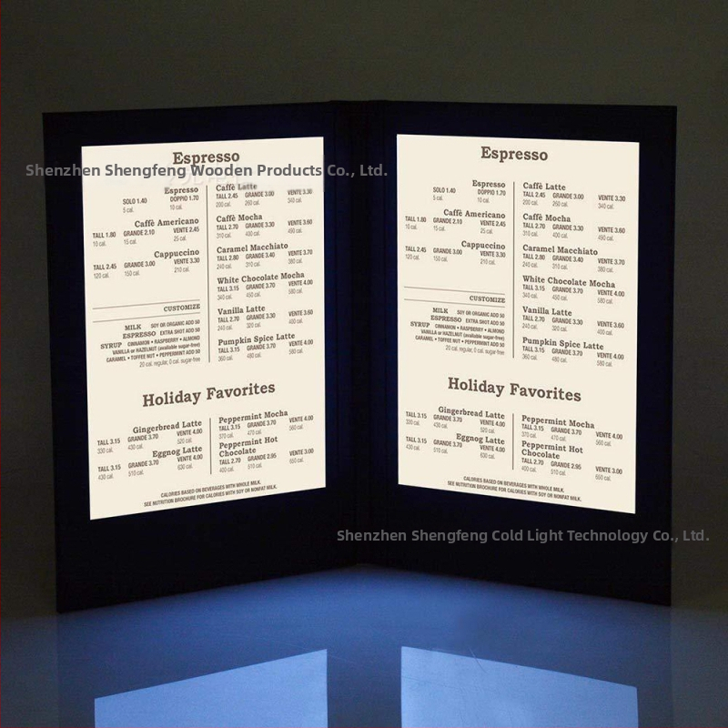 LED dzērienu ēdienkartes grāmata viesnīcām, kafejnīcām, bāriem un KTV — ādas vāks, uzlādējams apgaismojums, logotipa drukāšana, pielāgošana, zīmols SZEL