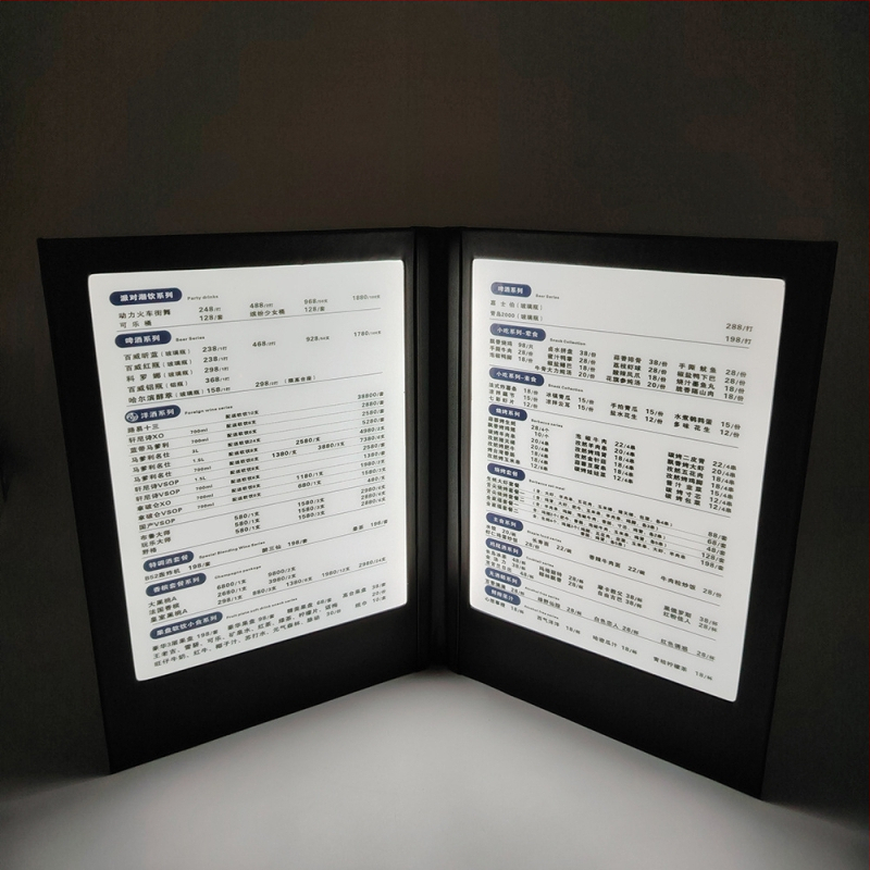 LED dzērienu ēdienkartes grāmata viesnīcām, kafejnīcām, bāriem un KTV — ādas vāks, uzlādējams apgaismojums, logotipa drukāšana, pielāgošana, zīmols SZEL