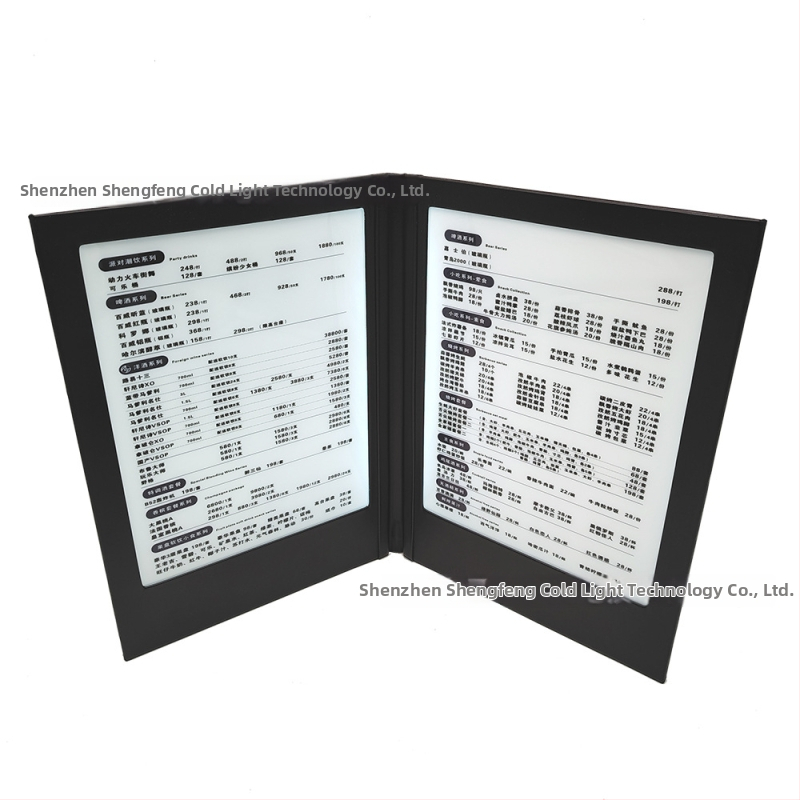 LED dzērienu ēdienkartes grāmata viesnīcām, kafejnīcām, bāriem un KTV — ādas vāks, uzlādējams apgaismojums, logotipa drukāšana, pielāgošana, zīmols SZEL