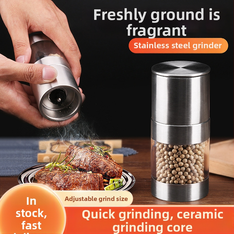 Rankinis malūnėlis iš nerūdijančio plieno pipirui ir jūros druskai, su spausdintu logotipu, pradėtas 2014 m. pavasarį, modernus minimalistinis stilius, viešbučių virtuvės įrankiai.