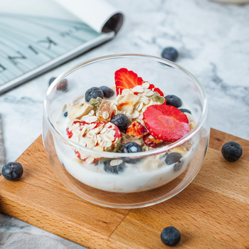 Διπλού στρώματος θερμοανθεκτικό γυάλινο μπολ για γιαούρτι, παγωτό και γλυκίσματα; στρογγυλό, διαφανές, μη κατάλληλο για φούρνο μικροκυμάτων