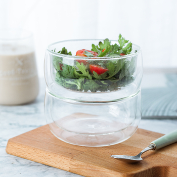Διπλού στρώματος θερμοανθεκτικό γυάλινο μπολ για γιαούρτι, παγωτό και γλυκίσματα; στρογγυλό, διαφανές, μη κατάλληλο για φούρνο μικροκυμάτων