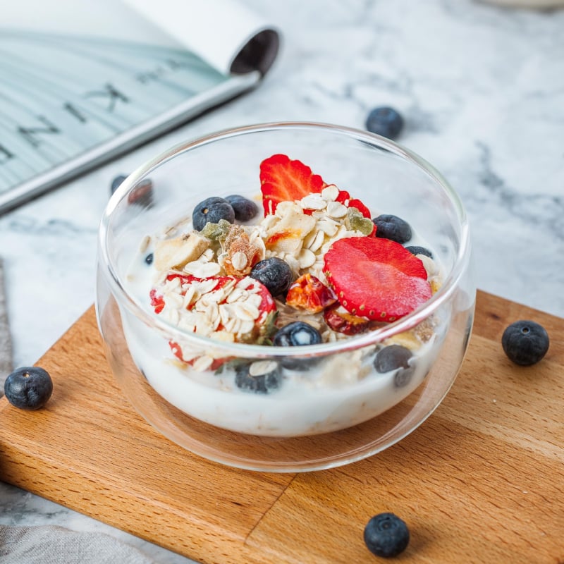 Διπλού στρώματος θερμοανθεκτικό γυάλινο μπολ για γιαούρτι, παγωτό και γλυκίσματα; στρογγυλό, διαφανές, μη κατάλληλο για φούρνο μικροκυμάτων