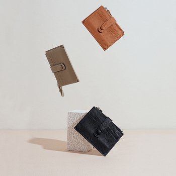 Portofel din piele naturală ultra-subțire pentru carduri, cu fermoar pentru monede, mai multe compartimente pentru carduri, din piele de vită din primul strat, unisex