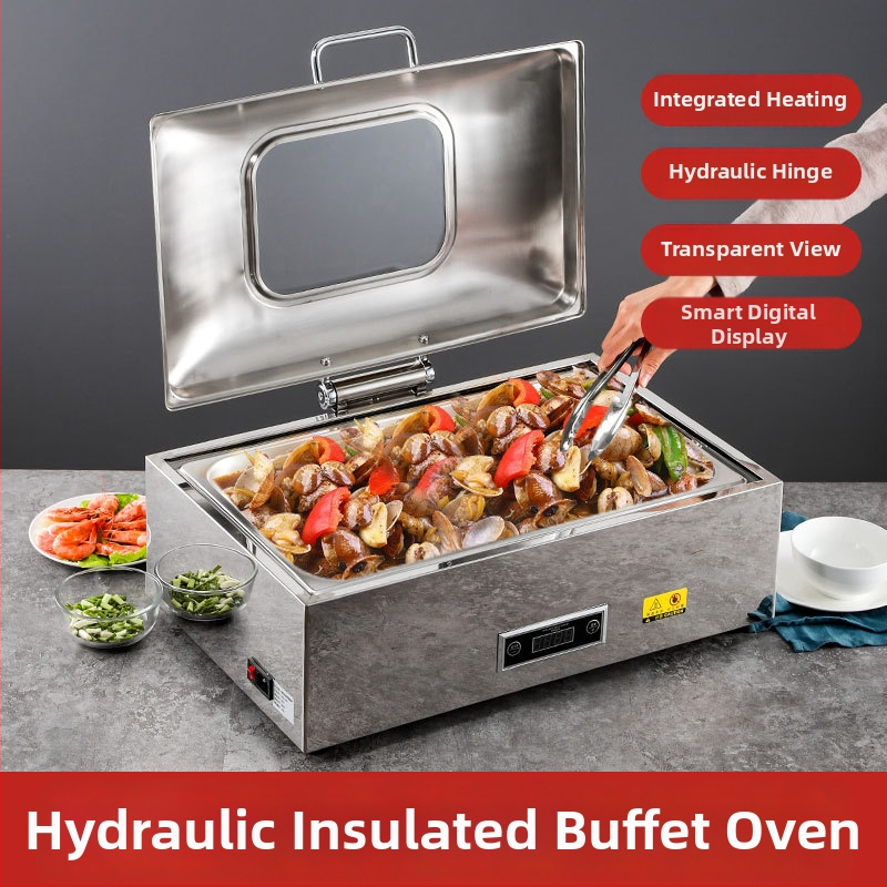 Nerūsējošā tērauda bufetes iekārta ar hidrauliski atveramu vāciņu, elektrisko apkuri un logotipa drukāšanu