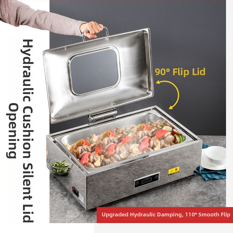 Nerūsējošā tērauda bufetes iekārta ar hidrauliski atveramu vāciņu, elektrisko apkuri un logotipa drukāšanu