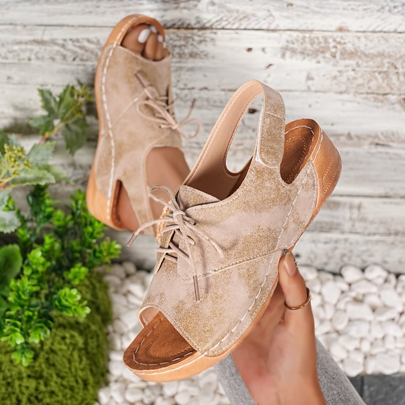 Римски сандали PU горнище, гумена подметка, клиновидна пета, велкро закопчаване, кръгъл нос