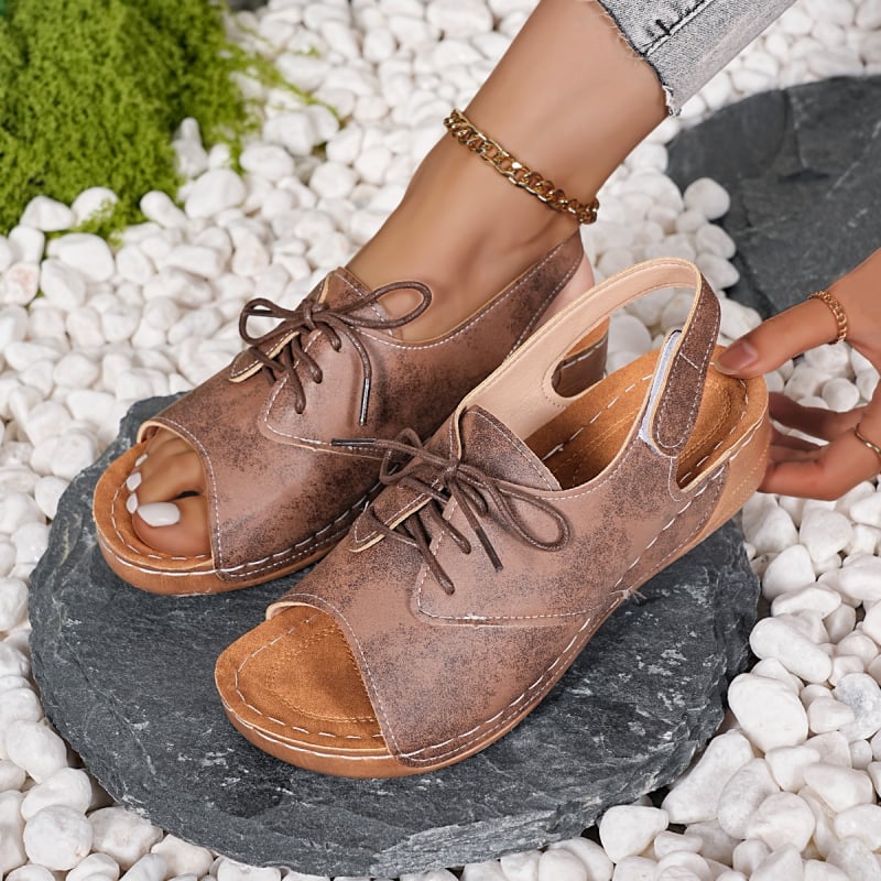 Римски сандали PU горнище, гумена подметка, клиновидна пета, велкро закопчаване, кръгъл нос