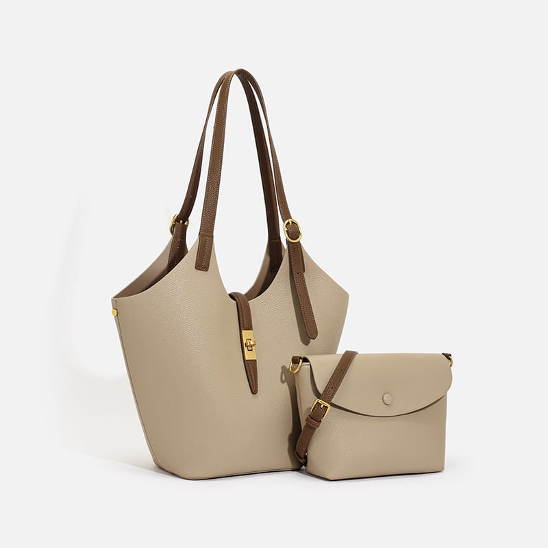 Ženska torbica od prave kože – torba tip bucket, horizontalni četverokutni oblik, zaključavanje, poliester podstava