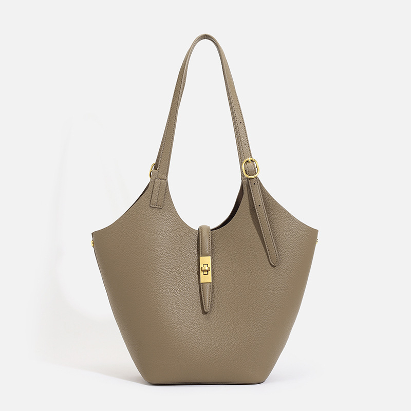 Ženska torbica od prave kože – torba tip bucket, horizontalni četverokutni oblik, zaključavanje, poliester podstava