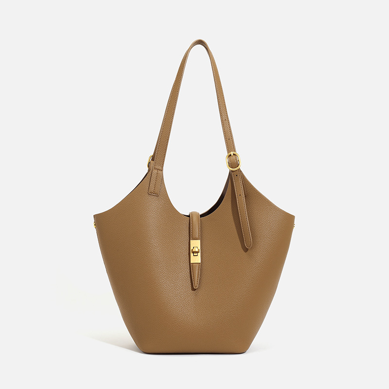 Ženska torbica od prave kože – torba tip bucket, horizontalni četverokutni oblik, zaključavanje, poliester podstava