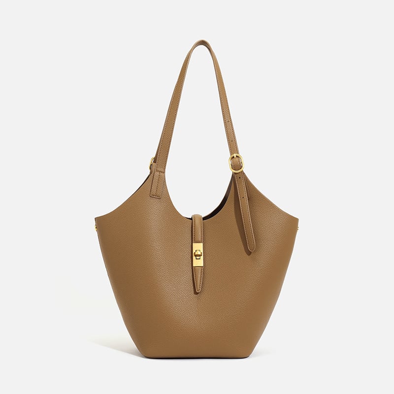 Ženska torbica od prave kože – torba tip bucket, horizontalni četverokutni oblik, zaključavanje, poliester podstava