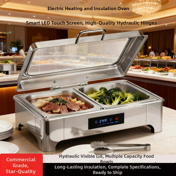 Nerūsējošā tērauda bufetes iekārta ar hidraulisku elektrisko apkuri, redzams atvērts vāciņš ar izolāciju, pašapkalpojošs elektriskais buffets