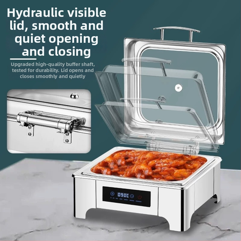 Nerūsējošā tērauda bufetes iekārta ar hidraulisku elektrisko apkuri, redzams atvērts vāciņš ar izolāciju, pašapkalpojošs elektriskais buffets