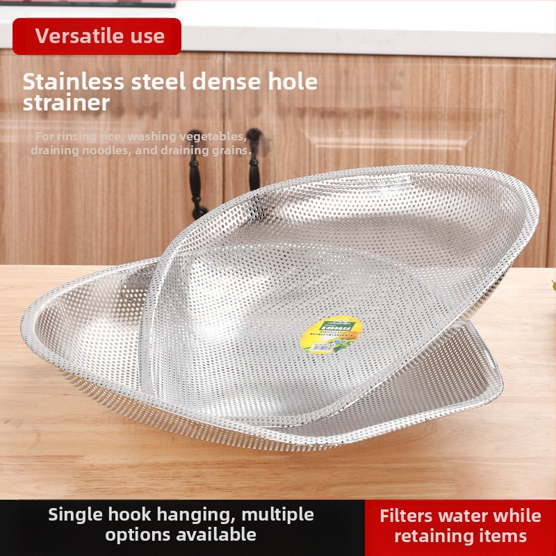 Nerūdijančio plieno kolanderis su tankiomis skylutėmis, skirtas daržovėms ir vaisiams plauti, virtuvė
