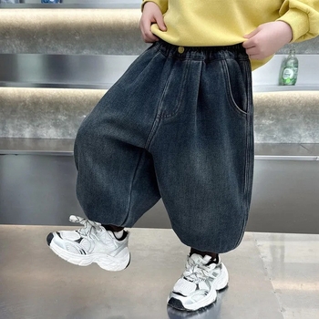 Dječje džins jogger hlače za dječake s fleece podstavom – zimske, crtani uzorak, elastični pojas, dugačke