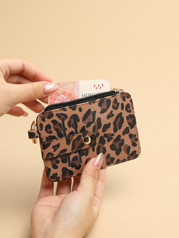 Portcard din PU, imprimeu leopard și buzunar cu fermoar pentru monede — Unisex, căptușeală poliester, lansare toamnă 2025