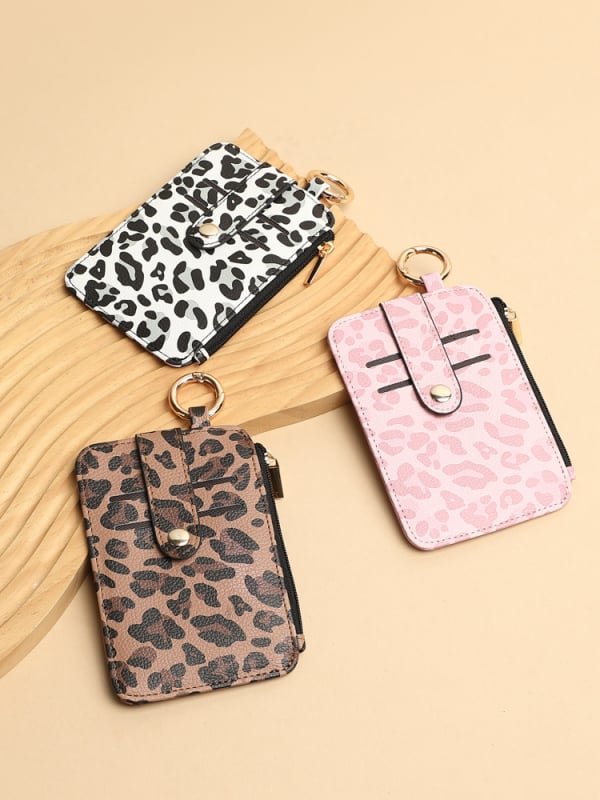 Portcard din PU, imprimeu leopard și buzunar cu fermoar pentru monede — Unisex, căptușeală poliester, lansare toamnă 2025
